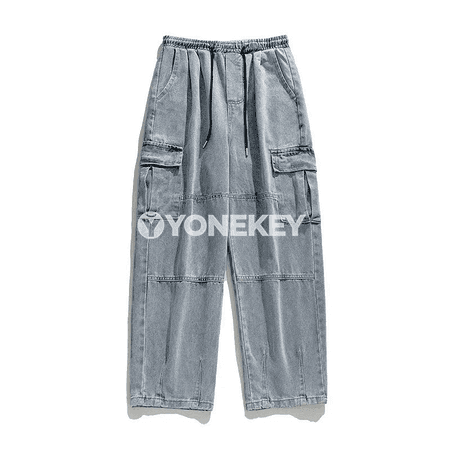 Erkekler üçin giň kesimli, ýeňil gaýtadan işlenen denim jalbar