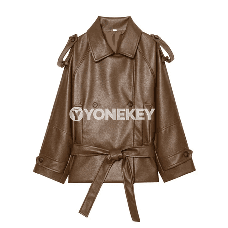 Zenanlar üçin goňur trench palto, guşakly, uzyn ýeňli, klassik stil