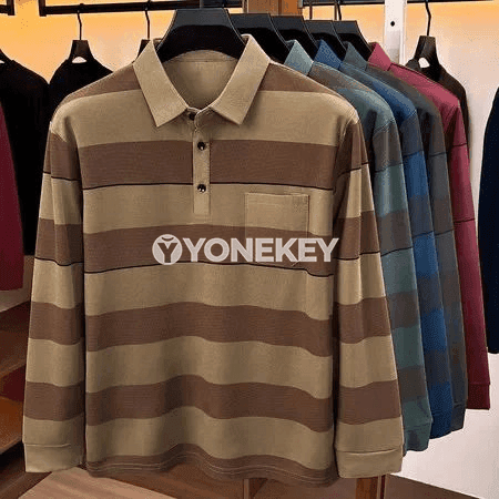 Erkekler üçin zolakly uzyn ýeňli polo kofta, döş jübüli
