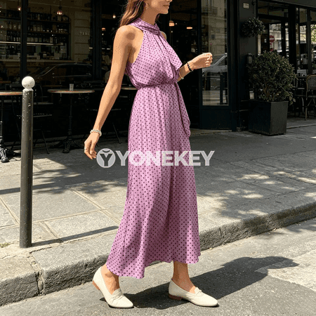 Zenanlar üçin nokatly tomus köýnegi, guşakly, ýeňsiz
