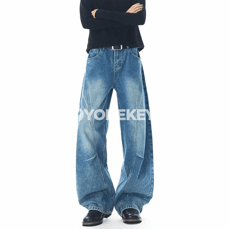 Erkekler üçin giň balak, vintage denim, giň paçaly, gündelik stil