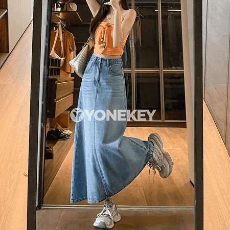 Zenanlar üçin ýokary belli denim maxi ýubka