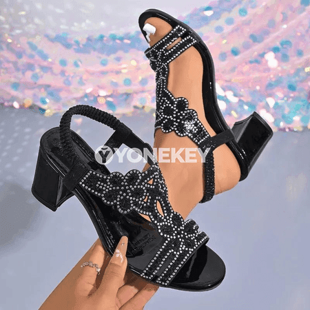 Zenanlar üçin rhinestone açyk barmakly blok ökjeli sandallar