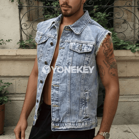 Erkekler üçin ýaz pasly denim ýeňsiz jaket-jemper