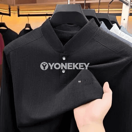 Erkekler üçin mandarin boýunly uzyn ýeňli polo köýnek, iş we gündelik stil