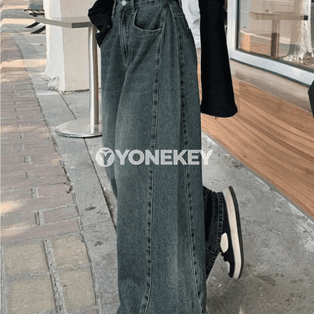 Zenanlar üçin retro giň balakly jeans, ýuwlan görnüşli rahat gündelik model
