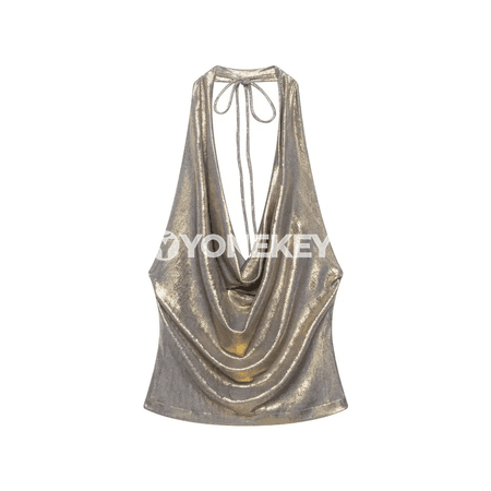 Zenanlar üçin altyn reňkli halter top, ýeňsiz ýazky bluzka