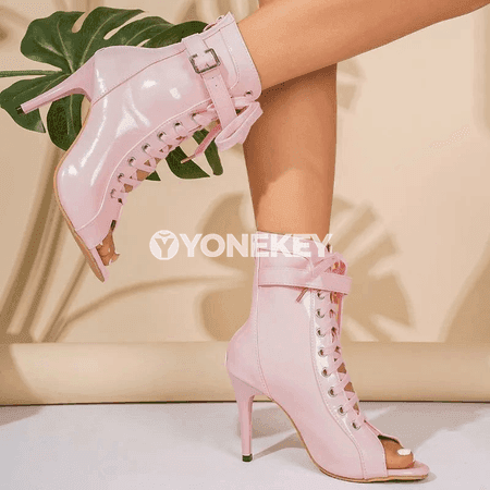 Aýal-gyzlar üçin lakyrlı ýokary ökçeli pink stiletto ädikler