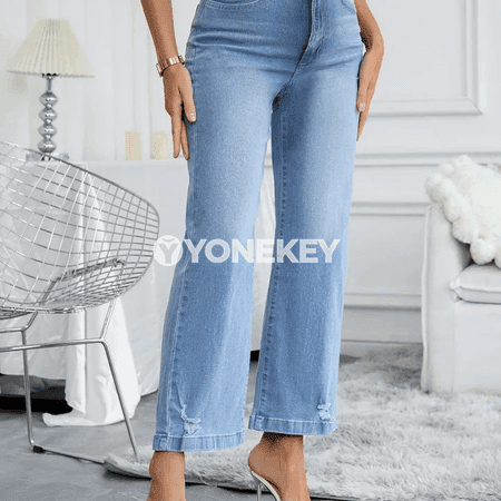 Zenanlar üçin giň balakly, ýokary belli giň jeans