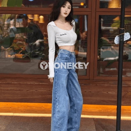 Zenanlar üçin ýokary belli giň göwrümli rahat jeans jalbar