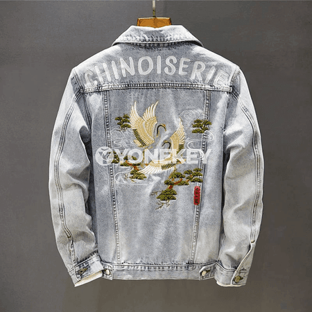 Erkekler üçin ýaz güýz denim jaket, nagyşly vintage stil