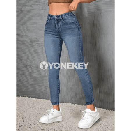 Zenanlar üçin belden oturan dar jeans balaklar, gündelik rahat