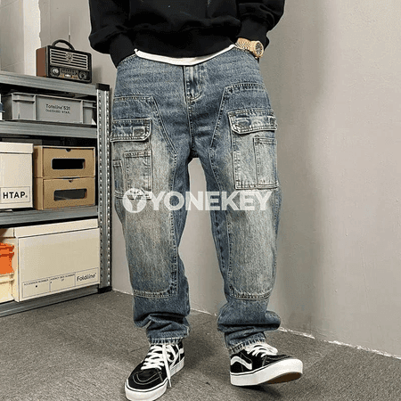 Erkekler üçin giň kelleli retro jeans, göni kesim, şäher stili