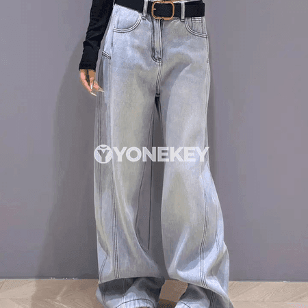 Ýokary belli giň balakly zenan jeans, uzyn we rahat model