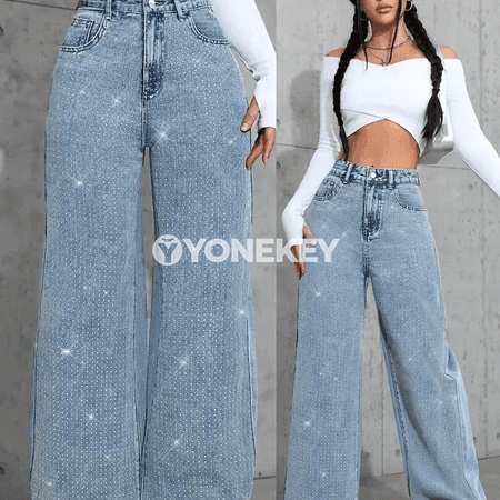 Zenanlar üçin giň kesimli jeans, rahat, beýik däl billi