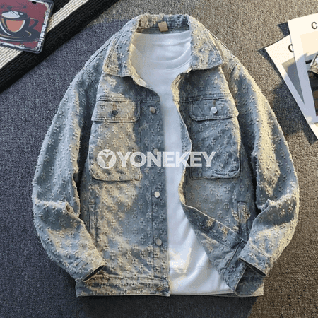 Erkekler üçin döwrebap tikinli denim kurtka, güýz-ýaz üçin