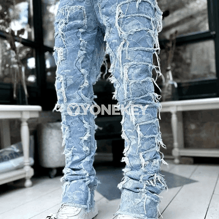 Erkekler üçin patchwork straýt jean balaklar, retro stil