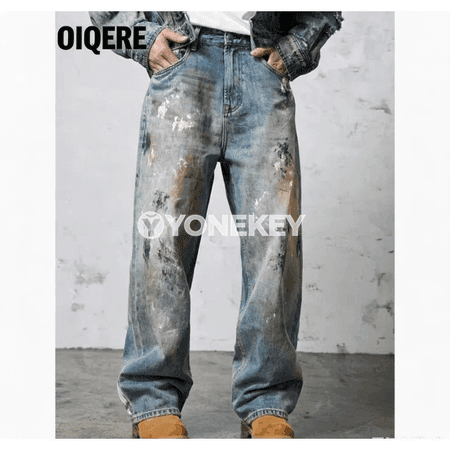 Erkekler üçin giň kesimli retro denim jalbar
