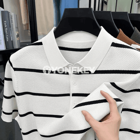 Zolakly ýeňil erkek polo köýnegi, ýaz-tomus üçin gündelik stil