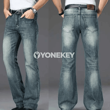 Erkekler üçin giň balaç jyns jalbar, klasiik flar görnüşli denim