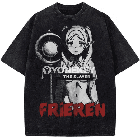 Erkekler üçin “Frieren” anime stilindäki pambyk futbolka, vintage ýuwulan