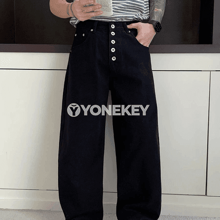 Erkekler üçin ýaz‑tomus giň kesimli düwmeli jeans, rahat balak