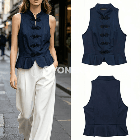 Zenanlar üçin ýazky ýeňsiz düwmejikli moda bluzka