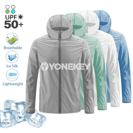 Erkekler üçin ýeňil howa geçirýän gün goragly kapýuşonly jaket
