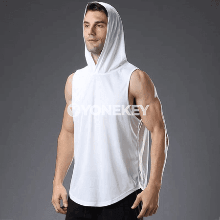 Erkekler üçin kapüşonly sport maýkasy, ýeňsiz, ýeňil we dem alýan