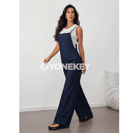 Aýallar üçin denim kombinezon köýnek, ýokary boýunli giň balakly model