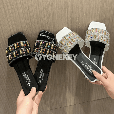 Zenanlar üçin bezegli rhinestone şypbyklar, ýaz-tomus üçin rahat aýakgap