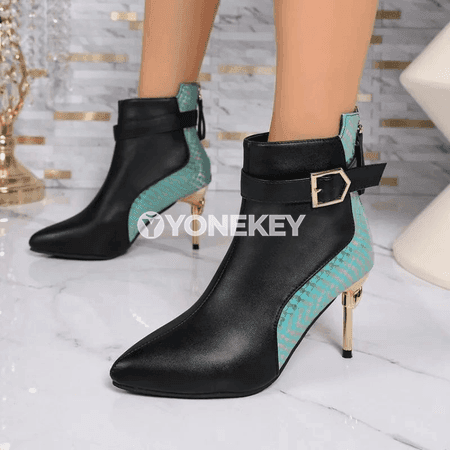 Aýal-gyzlar üçin metal tokaly ýokary ökçeli pointed toe köwüşler