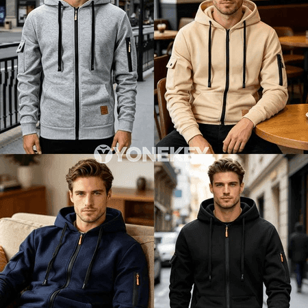 Erkekler üçin ýyly kapýuşonly fermuarly sport sweatshirt, dürli reňkli