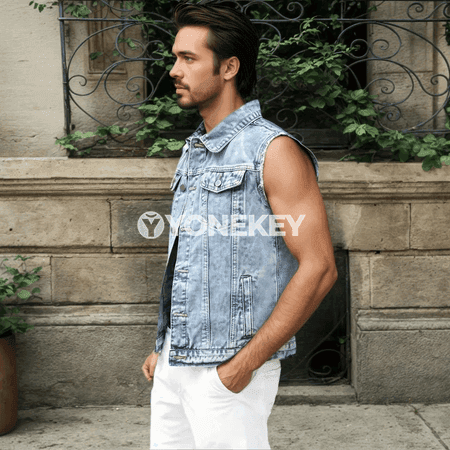 Erkekler üçin ýaz pasly denim ýeňsiz jaket-jemper
