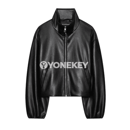 Aýal-gyzlar üçin gara deri jaket, giň boýunly, uzyn ýeňli