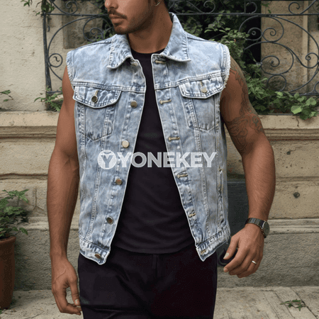 Erkekler üçin ýaz pasly denim ýeňsiz jaket-jemper
