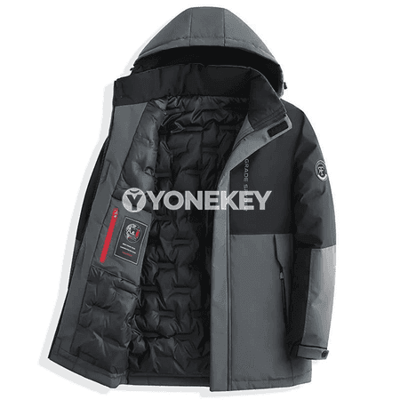 Erkekler üçin uzyn gyş parka kurtkasy, ýyly kapýuşonly