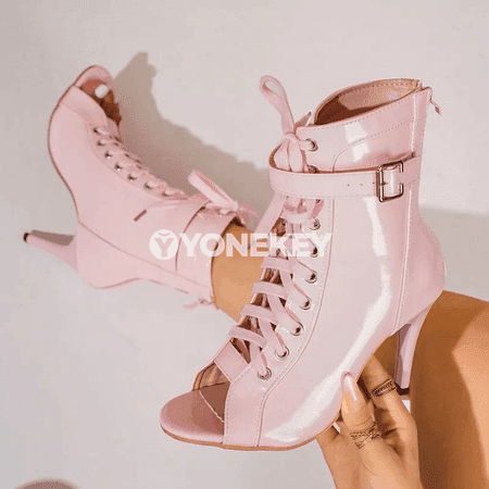 Aýal-gyzlar üçin lakyrlı ýokary ökçeli pink stiletto ädikler