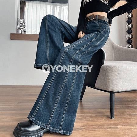 Aýal-gyzlar üçin giň balakly ýokary belli jeans, elastik, moda