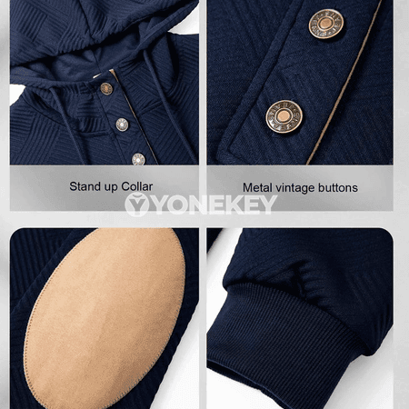 Erkekler üçin vintage jacquard Henley kapüşonly ýyly köýnek