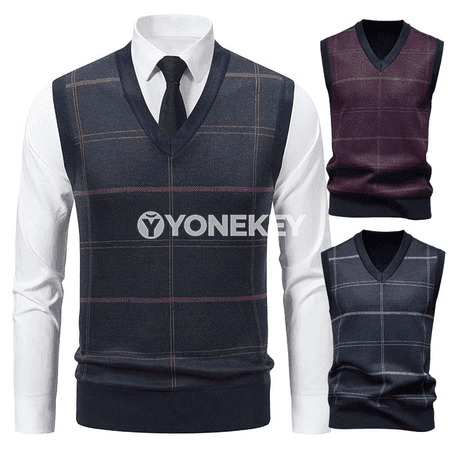 Erkekler üçin plaid V boýun ýeňsiz triko jilet