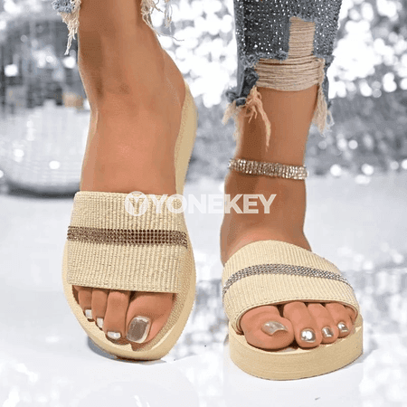 Aýallar üçin tomuslyk dokalan ýeňil sandal, tekiz tabanly, rahat görnüş