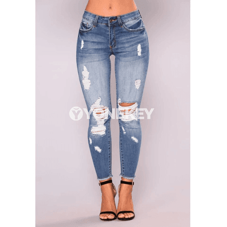 Zenanlar üçin dar kesimli, ýokary elastik, ýyrtyk denim jeans