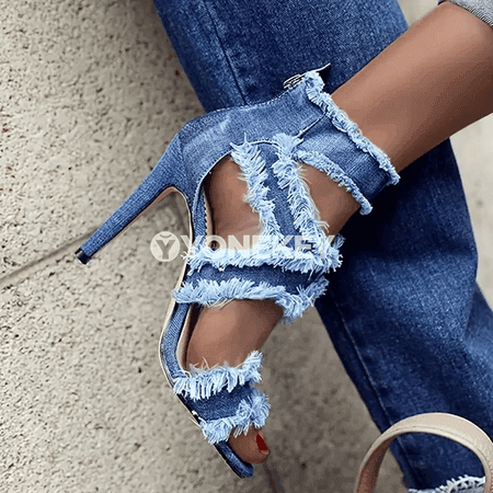 Zenanlar üçin ýazky ýokary ökjeli denim sandallar