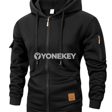 Erkekler üçin ýyly kapýuşonly fermuarly sport sweatshirt, dürli reňkli