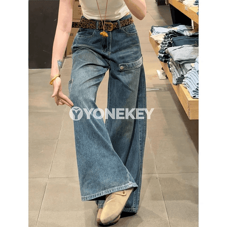 Zenanlar üçin ýokary belli barrel görnüşli giň jeans jalbar