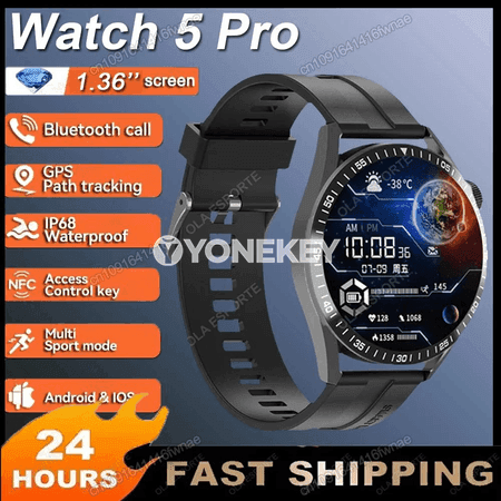 Erkekler üçin akylly sagat 5 Pro, 1.36 dýum HD ekran, GPS, NFC