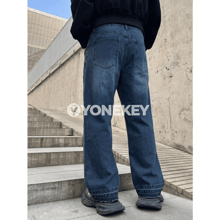 Erkekler üçin giň kesimli denim jalbar, rahat we klassiki stil