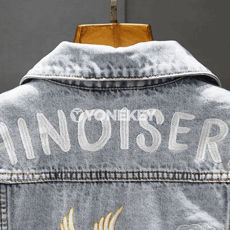 Erkekler üçin ýaz güýz denim jaket, nagyşly vintage stil