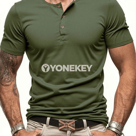 Erkekler üçin ýazky henley boýun futbolka, gysga ýeňli